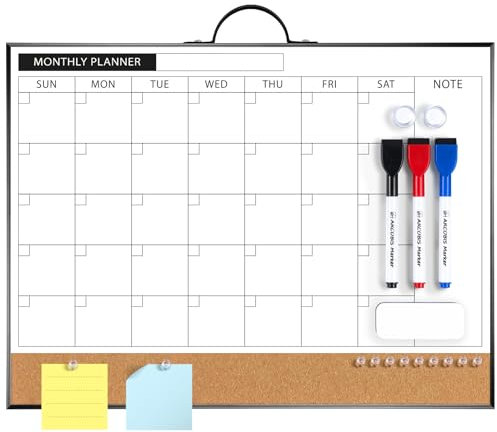 ARCOBIS Dry Erase Calendar with Cork Board for Wall, 30x40cm Magnetic Monthly Calendar Whiteboard with Black Frame, Double-Sided Planner & White Board for Home, Office, School