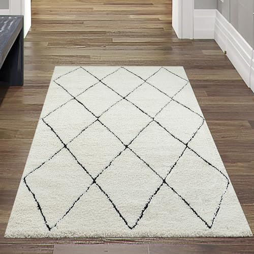 Teppich-Traum Hochflor Wohnzimmerteppich weiß schwarz Rautenmuster nordisch, 80 x 150 cm