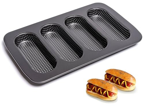 Yomvzake Hot Dog Bun Pan, Non-Stick, Carbon Steel, Industrial Style, Baking Tray for Hot Dog Buns, Silver