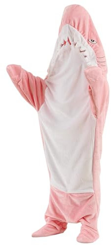 Hai-Decke mit Kapuze, Einteiler, tragbar, gemütlich, weich, Flanell, Ganzkörper-Kuscheldecke für Erwachsene, Cosplay, Hai, Rosa, Größe XL