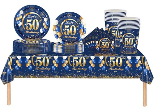 69pcs Navy Blue Gold 50th Birthday Decorations - Happy 50th Birthday Tablecloth, Paper Plates, Napkins, Cups Set for Him, Her