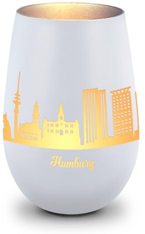 GRAVURZEILE Deko Windlicht aus Glas mit Gravur - Skyline Hamburg - Hochwertige 360° Lasergravur - Dekoratives Geschenk als Andenken, Souvenir oder für Sammler zum Geburtstag - Farbe: Weiß/Silber