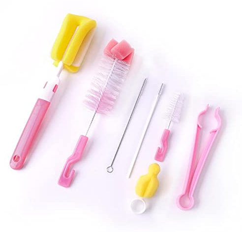 CZAYEFNH Babyflaschenreiniger bürste, Flaschenbürste 7 Stück Babyflaschenbürste, Schlauchbürste Set, für das Babyflaschen Sport Wasser Flaschen, Nippel, Strohhalme, Tee Kessel, Karaffe Schmale (pink)