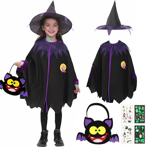 NAMIS Mantello per Halloween e Carnevale, Costume da Strega per Bambini Con Sacchetti e Cappello, Colore Viola e Nero, 3-10 Anni