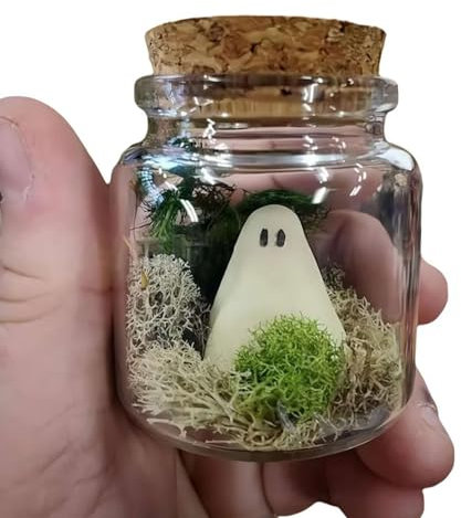 Mini Pet Ghosts in a Jar Halloween Ghost Glow in The Dark Little Ghost, Luminous Ghost Figures with Moss in Glass Dome Decor, Halloween Ghost Decoration