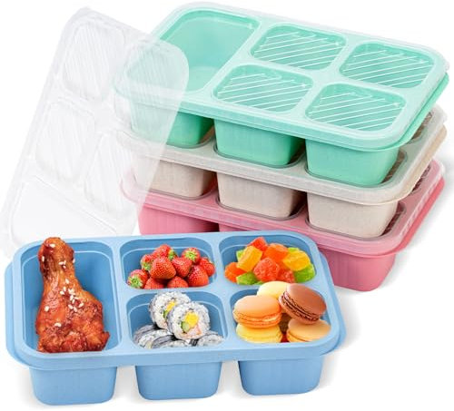 4 Pack Bento Lunch Box, Snack Boxes for Adults and Kids, 5-Compartment Lunch Box, Reusable Meal Prep Lunch Containers with Leakproof Lid, Divided Food Storage Containers for Work School Picnic Travel