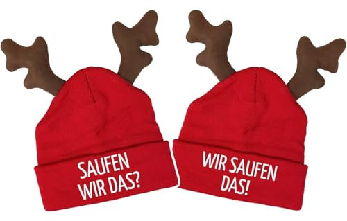Saufen wir das? | Wir Saufen das! Rentier Mütze lustiges Statement Elch-Duo Beanie Geweihmütze mit Spruch