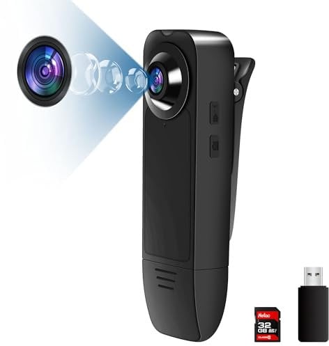 Baobylon Pequeña Cámara sin WiFi, HD 1080P, Cámara Corporal con Tarjeta de Memoria de 32G, Grabación de Audio y Vídeo, Cámara Pequeña con Visión Nocturna, Cámara Corporal para Interiores y Exteriores