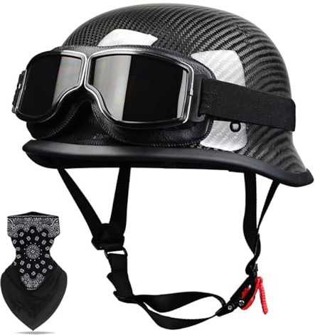 Labzaa German Style Carbon Fiber Halbschalenhelm mit ECE, Retro Cap Half Face Shell Motorradhelme mit verstellbaren Schnellverschluss & Schutzbrillen für Erwachsene Männer Frauen B M