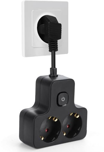 Aigostar Adattatore con Spine Interruttrici 2 Prese, Multipresa con Protezione Bambini, 16A, 250V, Cavo Bianco da 0,05m (1 Pezzo, 2 Schuko, Nero