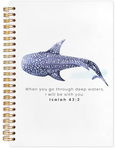 SNNDER Christliches Notizbuch mit Walhai-Motiv, Isaiah 43:2, Bibeljournaling-Notizbuch, Hai-Liebhaber, christliches Gebetstagebuch für Damen und Herren, Kirchennotizen, Hardcover, Spiralnotizbuch, 14
