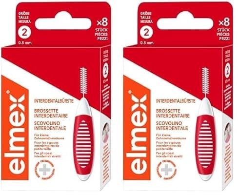 elmex Interdentalbürste rot (Größe 2, 0,50mm), 1 x 8 Stück - Interdentalbürsten für die Reinigung kleiner Zahnzwischenräume (Packung mit 2)