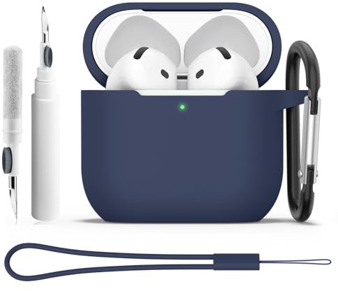 Coque Étui pour AirPods 4 2024 avec Kit de Nettoyage, Housse de Protection en Silicone Ultra-Fin Antichoc de 2mm, Accessoires 4-in-1 pour Apple AirPods 4ᵉ Génération avec Mousqueton et Cordon