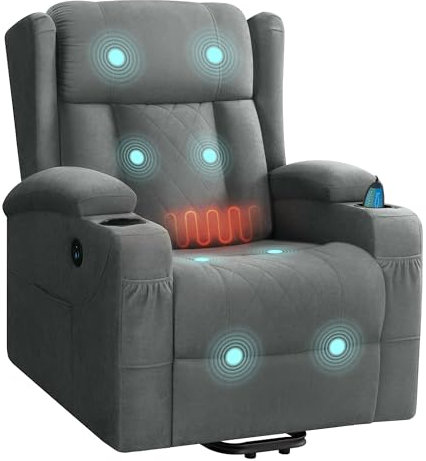 WOLTU Fernsehsessel elektrisch verstellbar, Massagesessel mit Liegefunktion Aufstehhilfe, Massage Heizung Fußstütze Seitentaschen Becherhaltern USB-Port, Relaxsessel Frottee, Grau, SKS61gr