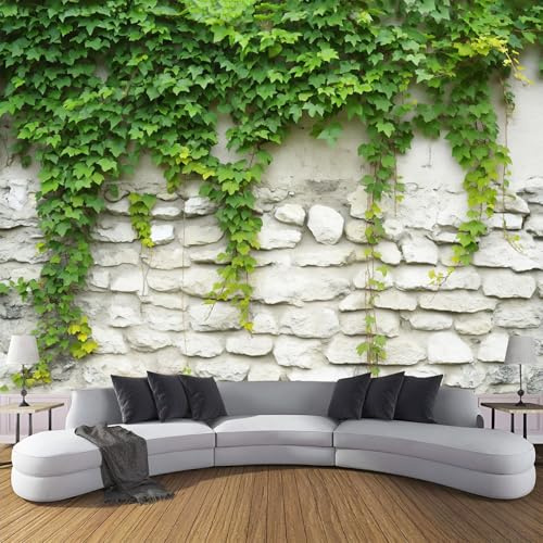CDXNORA Papier Peint Panoramique Mur De Jardin En Pierre Soie, Mur De Pierres De Lierre Poster Geant Mural Blanc Vert Personnalisé 3D pour Salon Chambre restaurant Enfant Décoration Murale 350×256cm