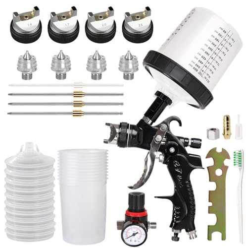 Pistolet à Peinture Pneumatique avec 10 Godets - Pistolets à Peinture et Accessoires Complets pour Réparation Auto, Pistolet Pulvérisateur Professionnel Noir (Diamètres 1.4/1.7/2.0/2.5mm)​