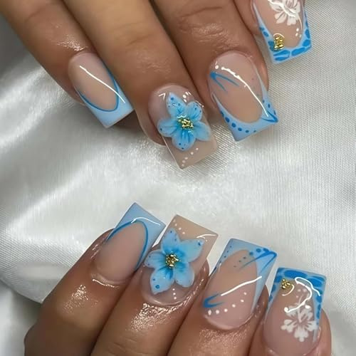 Blue Floral French Tip, Short Square Press On Nails, 24-Piece | Translucent nude base, 3D rhinestone and gold details, jelly adhesive tabs, for summer parties and manicures