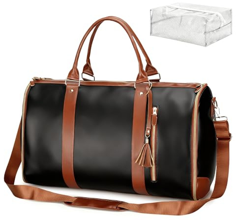 Kleidersack für Reisen, Reisetasche PU Leder Anzugtasche Garment Duffle Bag 2 in 1 Hängenden Faltbaren Koffer Anzug Reisetaschen mit Schuhbeutel Handgepäcktasche für Männer, Frauen (Schwarzbraun)