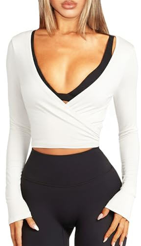 Navneet Women Pilates Wrap Top Ballet Yoga Tops Cute Going Out Top Y2K Low Cut Long Sleeve Tops Tie Up Bolero Cardigans Fall White S