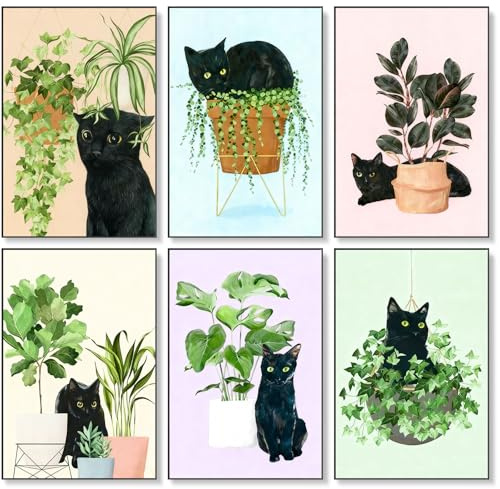 OkarinaArt Lot de 6 Peinture par Numéros Adulte Chat Noir Peinture par Numbers Kit pour Débutants Plante Verte DIY Peinture à l'huile sur Toile pour Décoration Murale 20x30cm