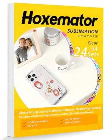 Hoxemator [24 Set] Sublimationspapier für Sublimationsdrucker & Tinte + Klar Sublimationsfolie zum Aufkleben Wasserfest Farbintensiv Sublimationstransferpapier für Tassen, Becher, Handyhüllen, DIY