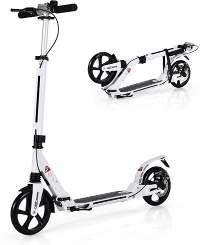 COSTWAY Folding Kick Scooter, 3 Heights Adjustable City Scooters with Big Wheels, Anti-Shocking Suspension and Carrying Strap, Lightweight Street Scooter for Kids, Teens and Adults (White)