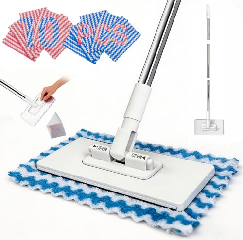 Lazy Snap Grip Mop Clip On, Zero Touch Click Flat Sweeper Mops, Easy Cloth Changing Disposable Dust Hands Free Push Pull, Household Cleaning Supplies Tools Floor Wall Bathroom Kitchen (10 Cloths)