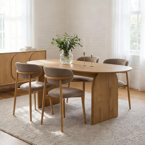 Essgruppe MALA/ARIEL mit Tisch und 4 Stühlen, 180x90 cm, Eiche/Beige - Esstisch oval mit robuster Tischplatte, Stühle mit gepolstertem Sitz und Rückenlehne, Esszimmermöbel Set für täglichen Einsatz