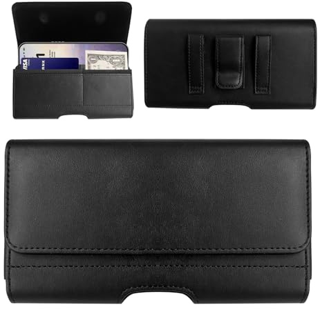 Mobile Pouch Phone Holster for iPhone 17Air 16e 16 15 14 13 12 11 Pro Max XS Max Samsung Galaxy S25 S24 S23 S22 A33, Horizontal Smartphone Belt Holder Leather Waist Pack Carrying Case Wallet, Black