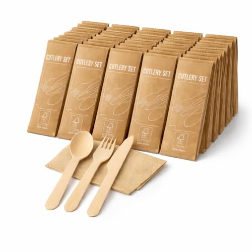 Set cubiertos (250 sets) ecológicos 1000 pcs, Incluye 250 tenedores-250 cuchillos-250 cucharas-250 servilletas, certificado FSCTM. cuchara, tenedor, cuchillo y servilleta de papel en color kraft.