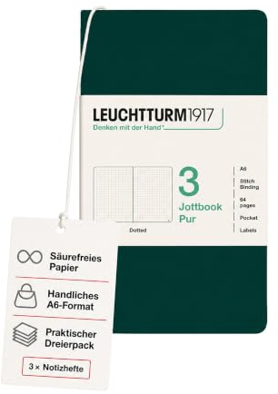 LEUCHTTURM1917 Jottbook pur A6 Notizheft, Dotted, Forest Green, 3er Set | 64 nummerierte Seiten, Hälfte perforiert, säurefreies Papier, Tasche im Einband, inkl. Titelsticker