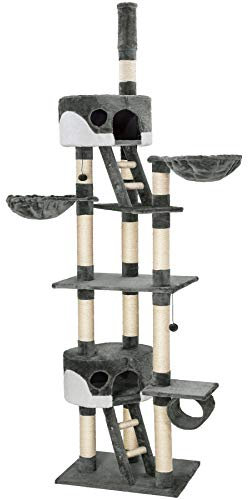 tectake® Albero Tiragraffi per Gatti, con 2 Casette, 3 Piattaforme, Altezza Regolabile 243-260 cm, Barre in Sisal 8 cm di Diametro, Ideale per Gioco e Riposo - Grigio/Bianco