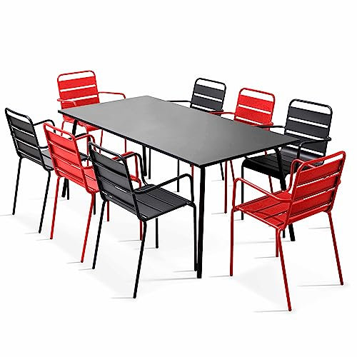 Oviala Palavas Gartentisch und 8 Sessel, Metall, Rot und Grau