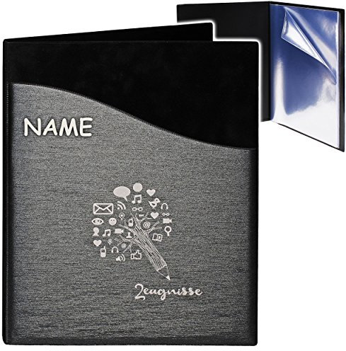 alles-meine.de GmbH A4 - Zeugnismappe/Dokumentenmappe - Zeugnisse Stift & Wissen - 3D Samt Velours & Metallic Effekt - schwarz/anthrazit - inkl. Name - GEBUNDEN mit..