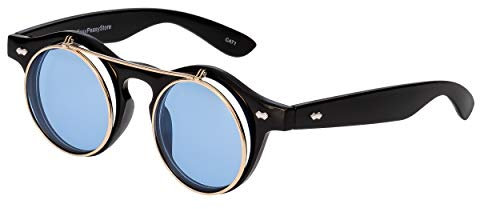 Ultra Schwarz Rahmen Aqua Blu Linsen Flip Up Ronde Steampunk Sonnenbrille Retro Frau Mann UV400 UVA Vintage Victorian Kreis Retro Sonnenbrille Steampunk Brille Sonnenbrille zum Hochklappen