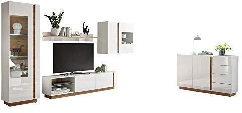 Lomadox Moderne Wohnwand und Anrichte in weiß Glanz mit Grandson Oak Eiche Nb., B/H/T ca. 315/194/40 cm