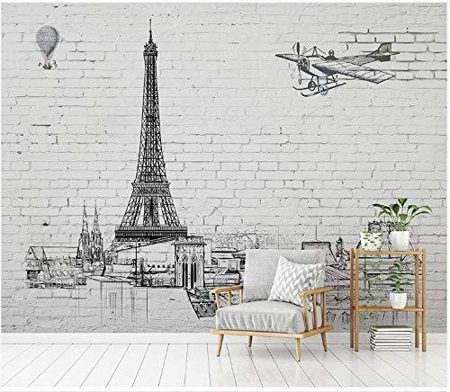 Papier Peint 3D Panoramique Tour Eiffel Paris Mur de Briques Noir et Blanc Tapisserie Intissé geant Poster 300x210cm