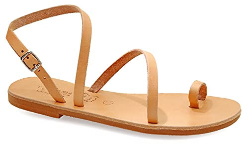 39 Beige Emmanuela Antike griechische handgefertigte flache Ledersandalen, Sommerschuhe für Damen mit verstellbarem Schnallenriemen, Zehenring Riemchen Sandalen, Knöchelmanschetten Sandalen
