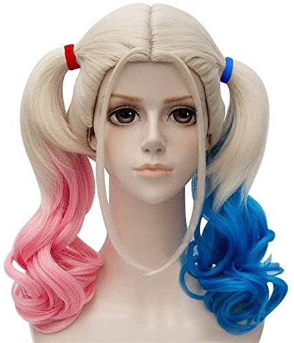 Suicide Squad Harley Quinn Anime Cosplay Perücken kurze flaumige zweifarbige hitzebeständige sythetische Faserhaarparty mit freien Kappen 18inches (Farbe: blau pink) chenghuax