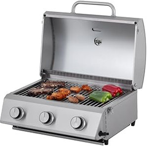 Tarrington House Tisch-Gasgrill CATHAN, 3-Brenner-Gasgrill, Grillrost edelstahl. Stahl/Edelstahl, Tischgrill für Outdoor, Balkon, Camping, silber