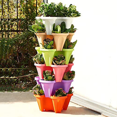 Kunststoff Stapelbar Blumentopf,Groß Erdbeerturm Hochbeet Pflanzturm Rund Pflanzkübel mit Plastik Untersetzer für Innen und Balkon Garten Terrasse Pflanzen wetterfestes Pflanzgefäß (B-Lila)