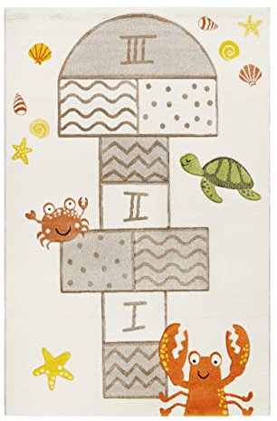 Moderner Kurzflor Esprit Kinderteppich mit Meerestier- und Hüpfspielmotiv - Playground (200 x 290 cm, beige bunt)
