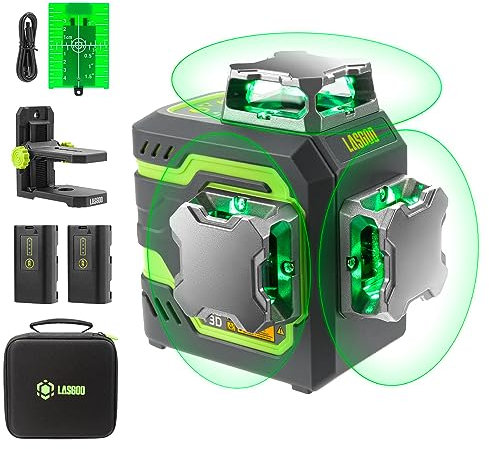LasGoo LG-3D Livella Laser 3D a Raggio Verde a Linee Incrociate Autolivellante 360, per Edilizia e Appendere Quadri, 2 Batterie Ricaricabili Agli Ioni di Litio, Supporto Magnetico Incluso, Verde