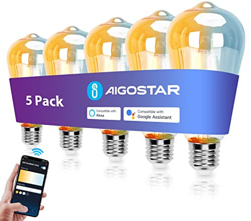 Aigostar Lampadine Alexa E27 WiFi Edison Lampadina Vintage 6W 806ML Lampadine Smart Retrò Dimmerabile 2700K-6500K, Controllo Remoto tramite APP, Compatibile Con Alexa, Google Home 5 pezzi