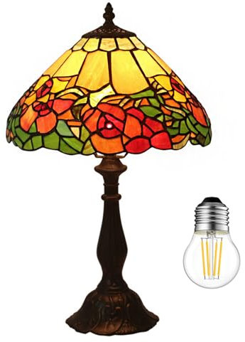 Kinbolas Tischlampe im Tiffany Stil,Vintage Nachttischlampe Schlafzimmer Deko Lampe,Jugendstil Tischleuchte,flower buntglas lampenschirm 30cm / 12 Zoll,Harz-Basis Mit kabel und E27 LED Birne(H-1)