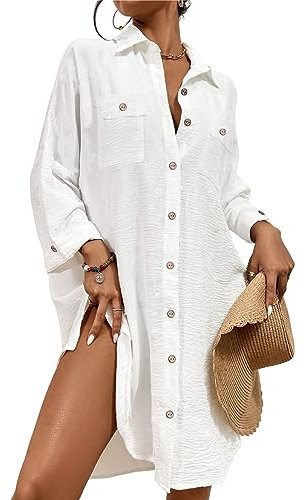 Bsubseach Femme Chemise de Plage Robe Bikini Cover Up Cache Maillot de Bain Pareo Plage Chemisiers Été Manches Longues Outwear Blanc S