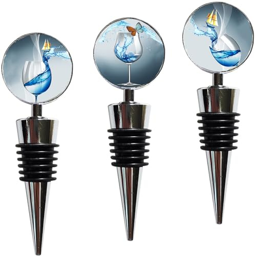 Lockban Wine Bottle Stoppers Stainless Steel Wine Stoppers with Decorative Art Glass, Wine and Beverage Bottle Corks for Gifts, Bar, Wedding, Holiday Party (3-Blue Wine Glasses)