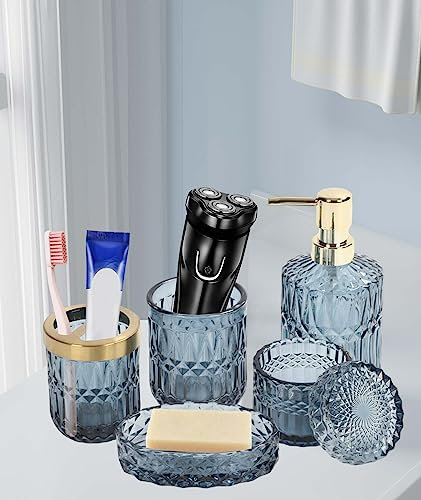Qivine Accesorios Baño Jabonera Set de Juego 5 Piezas, Cristal Vaso Cepillo de Dientes Azul, Moderna Dispensador Jabon Baño de Decoración para Cocina, Dormitorio