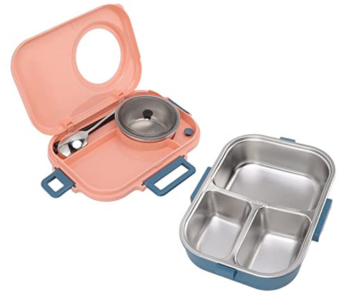HERCHR Lunch Box, Lunch Box a 3 Scomparti con Posate E Ciotola Per Zuppa Contenitori Per Pranzo a Tenuta Stagna Per Picnic Per Ufficio Scolastico Per Bambini(Rosa)