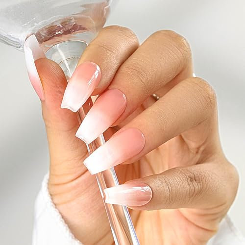 Sethexy Fait à la main Rose Dégradé Faux ongles Acrylique Brillant Simple Faux ongles Cercueil long Ongles à presser pour femmes et filles 20PCS (Y)